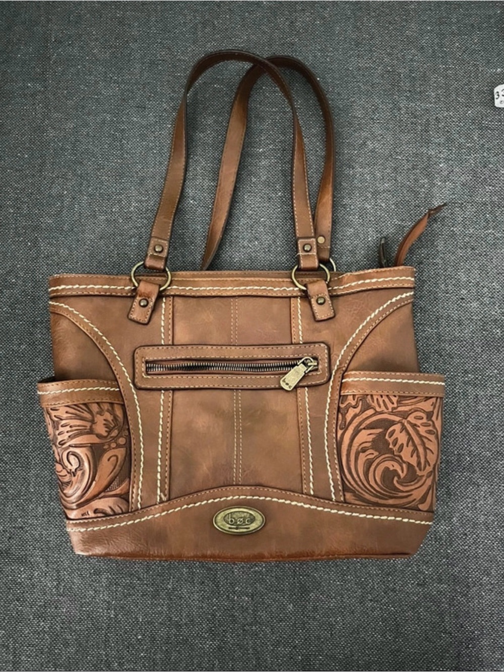 BOC Tooled Brown Leather Shoulder Bag with Double Straps